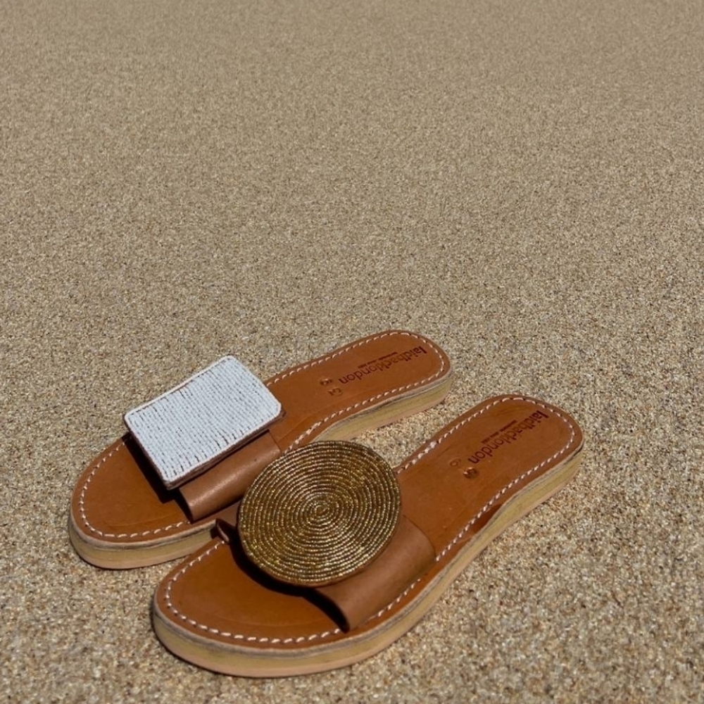Laidback London Crey LP Mismatched Beaded Leather Sandals Gold White